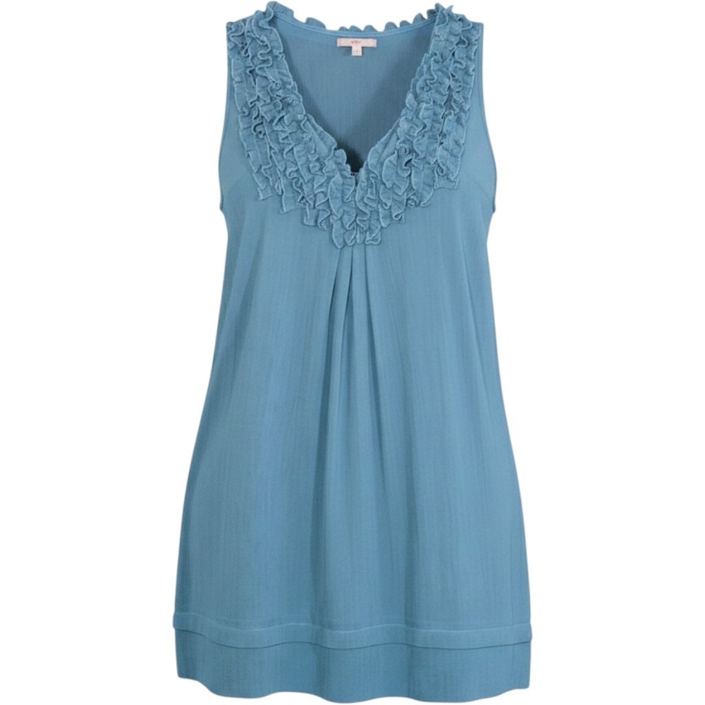 $20 EUC Lapis short sheer sleeveless dress XL teal green tuxedo ruffle neckline